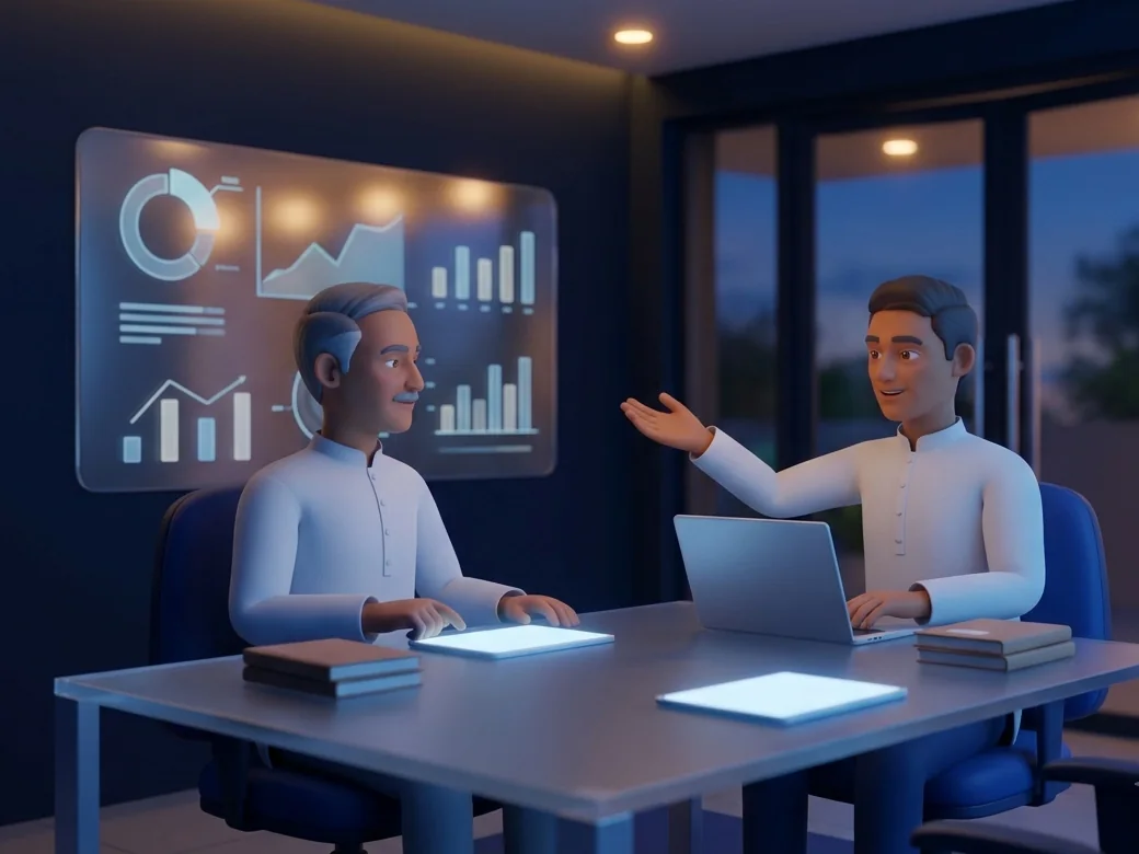 Illustration of a society committee member reviewing requests in the society office
