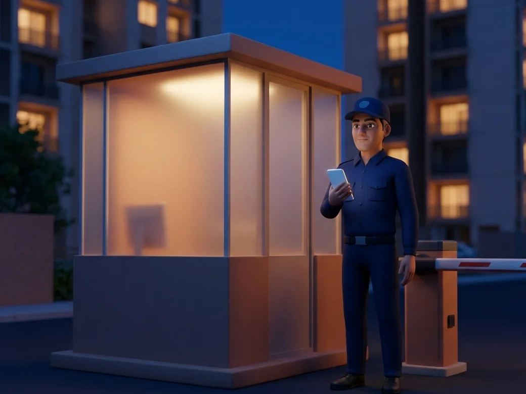 Illustration of a society security guard at the gate cabin with his phone