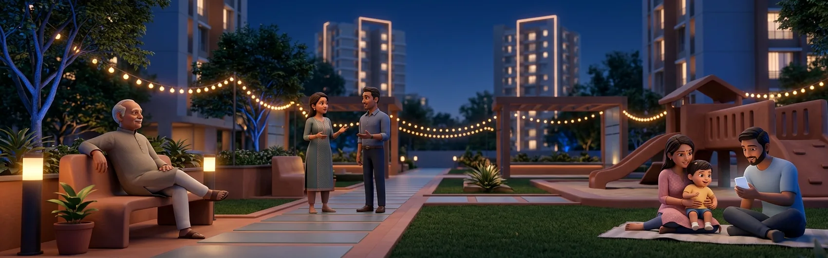 Illustration of neighbours of all ages spending an evening together in their society garden